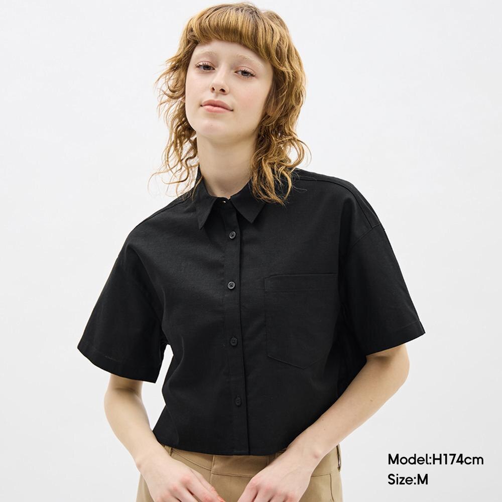 亞麻混紡短版襯衫(短袖)