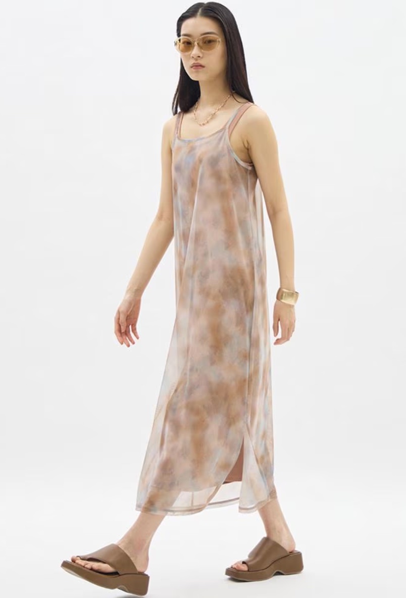 GU女裝 印花透膚連身裙(無袖)+E(兩件式)