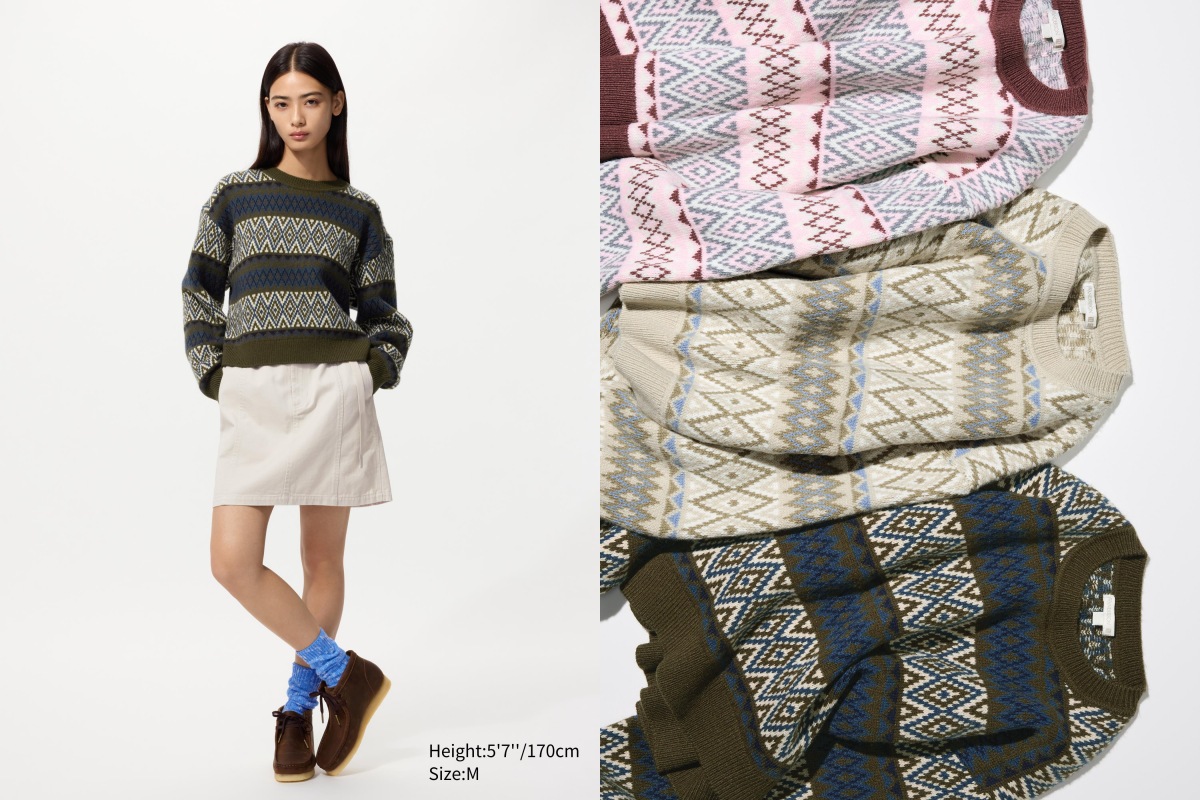   想找一款自帶造型的毛衣嗎？那這款圖紋圓領針織衫可以列入首選！帶有民族感的織紋，非常適合年末的聖誕聚會，加上鬆身的設計，亦可玩美修飾身形。