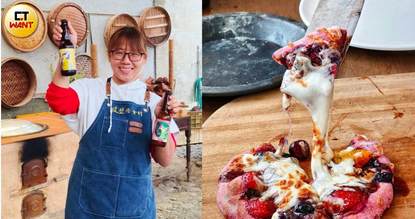 因電視劇《俗女養成記》受關注的後壁俗女村可以喝到米啤酒（左），還可預約親子披薩DIY，從發麵團、自己擺料、窯烤等全套體驗。（披薩2人體驗價1,288元，圖／魏妤靜攝）