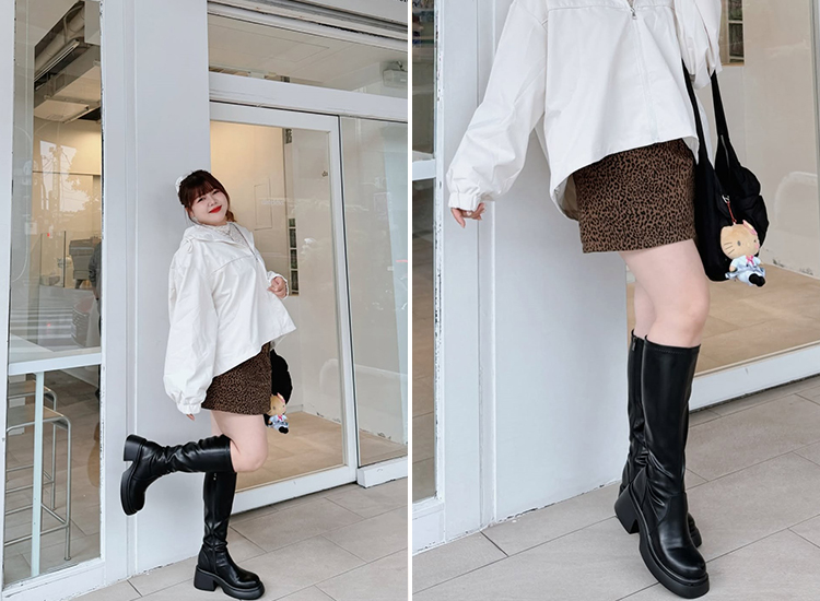D+AF肉肉女孩長靴穿搭推薦 【加寬筒圍】明星舞台輕量加厚底長靴 圖片來源：@hihipuff_