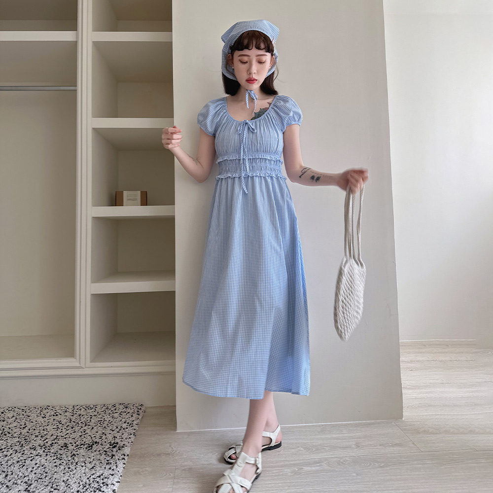 限時下殺/現貨/格子縮腰洋裝附三角頭巾２色