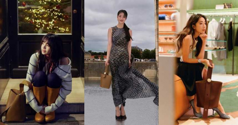 受到眾多明星愛用的LOEWE Pebble水桶包，除了Lisa、林智妍之外，就連隋棠也曾揹著它亮相。（圖／取自Lisa、林智妍、隋棠IG）