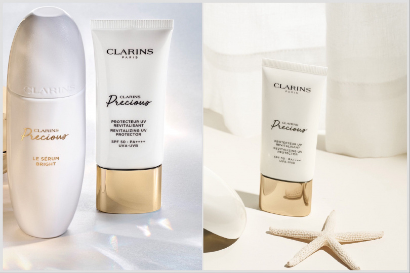 CLARINS克蘭詩至臻凝時防護隔離霜不止於防曬，更是日間抗老的優雅延伸，宛如全效防護屏障，守護肌膚於光之中依然細緻無瑕。CLARINS克蘭詩 至臻凝時防護隔離SPF50/PA++++30ml / 4,800元。CLARINS月神花光燦精華由內而外綻放澄澈奢光，打造宛若水晶般的光燦透亮（圖／品牌提供）