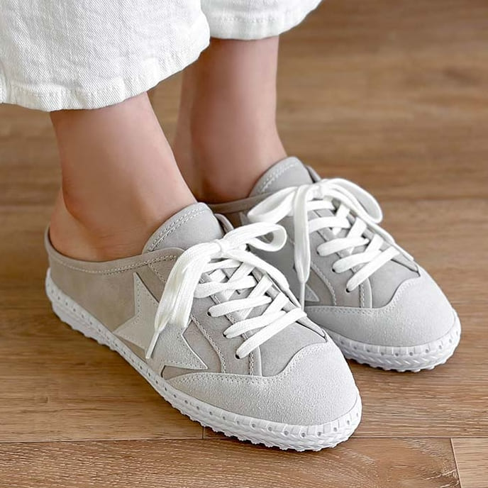 穆勒鞋．韓風皮革拼接星星綁帶楔型厚底拖鞋．白鳥麗子