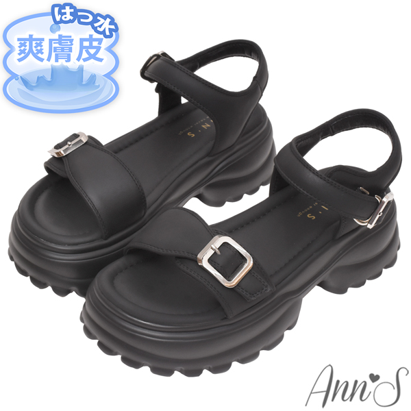 正價涼鞋買就送防水鞋袋Ann’S防潑水爽膚皮-雙扣長腿輕量厚底涼鞋5.5cm-黑