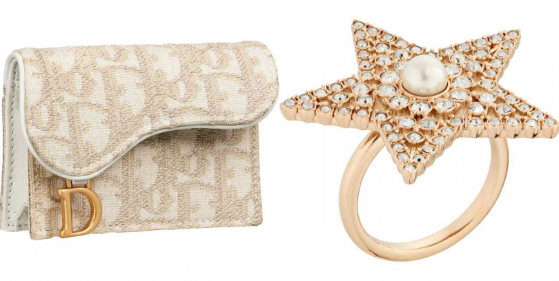 Dior Saddle金絲線Oblique緹花卡夾／16,500元，Dior Nuit Etoilee星形水晶戒指／15,500元（圖／品牌提供）