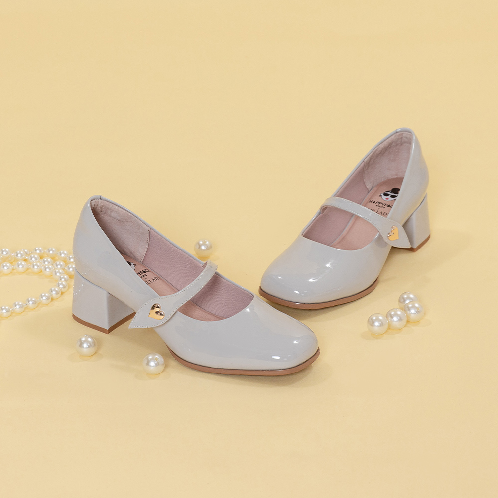 【日本京都聯名】HAPPYFACE 復古金屬愛心釦瑪莉珍中跟鞋 霧灰紫 (6G2915)