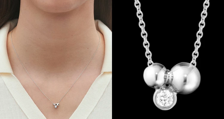 Georg Jensen（喬治傑生）的「Moonlight Grapes」很適合喜歡北歐風格，又不想讓鑽石看起來太正式的人。這款以兩顆純銀珠子搭配一顆約0.07克拉鑽石，吊墜小巧而有層次，靈感來自品牌經典的新藝術葡萄元素。並非典型的「一顆鑽石吊著」那麼簡單，而是用圓潤銀珠，替鑽石增加設計感。低調卻不無聊，反而很能展現40歲女性獨立而有個性的品味。（商品價格約：NTD 18,900）