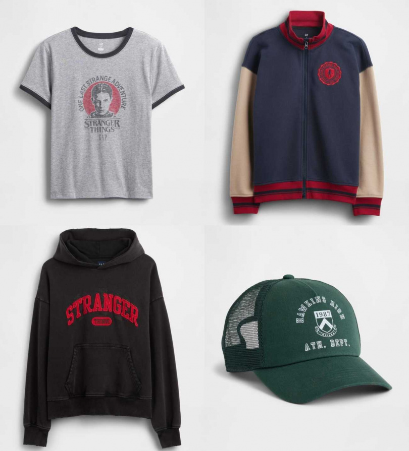 推薦單品：Gap怪奇物語聯名系列印花上衣、幼童拚色外套、連帽上衣、棒球帽（圖／品牌提供）