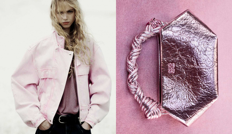 ISABEL MARANT 水洗丹寧粉色寬鬆牛仔外套，GANNI Bou Crushed 迷你斜背包-銀粉（圖／品牌提供）