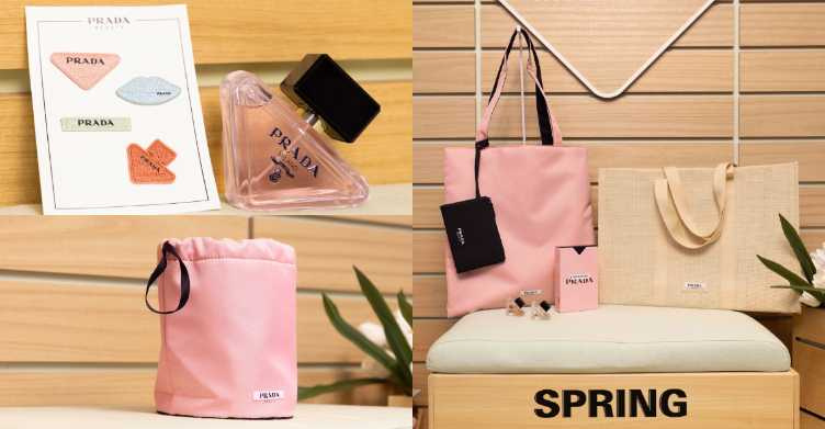 選購任一香氛30ML以上正貨即享 PRADA 高訂刺繡貼紙、滿4,000元可獲得PRADA顛覆綠經典潤唇膏精巧版(可累贈)、滿8,000元贈PRADA唯我莫測束口包、滿12,000 贈PRADA春境時尚編織包或PRADA解構粉托特包 &唯我莫測-幻花香境隨身香氛禮盒。（圖／品牌提供）