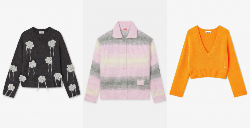 GANNI復古花朵鉤針針織上衣-幽靈灰、KENZO 絨彩針織亮粉色針織開襟衫、GANNI 絨面馬海毛混紡深V領針織上衣-奶黃（圖／品牌提供）