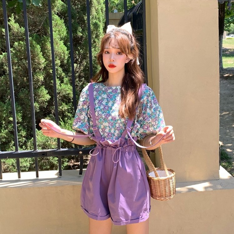 碎花雪紡衫襯衣+收腰繫帶花苞背帶褲兩件套 VINA扉娜【現+】2pc200719