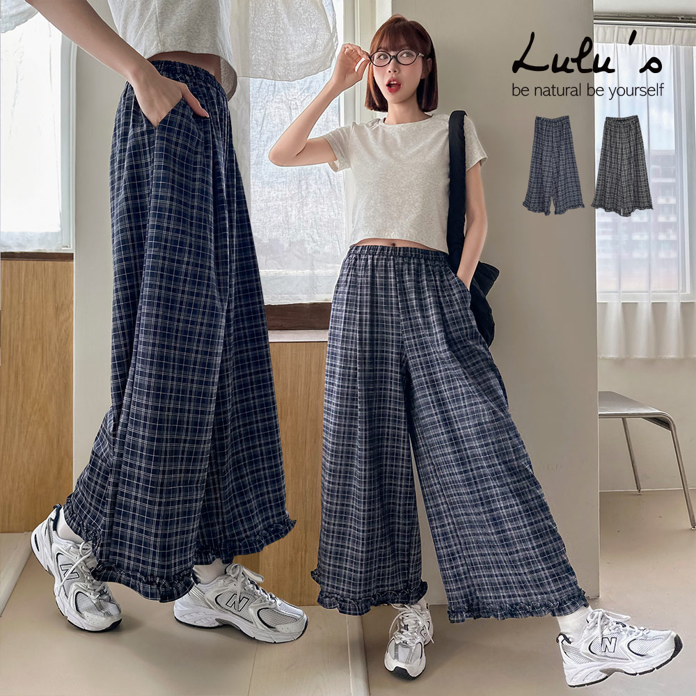 限時下殺/現貨/日系格紋花邊闊腿九分褲S-L２色【A04250170】