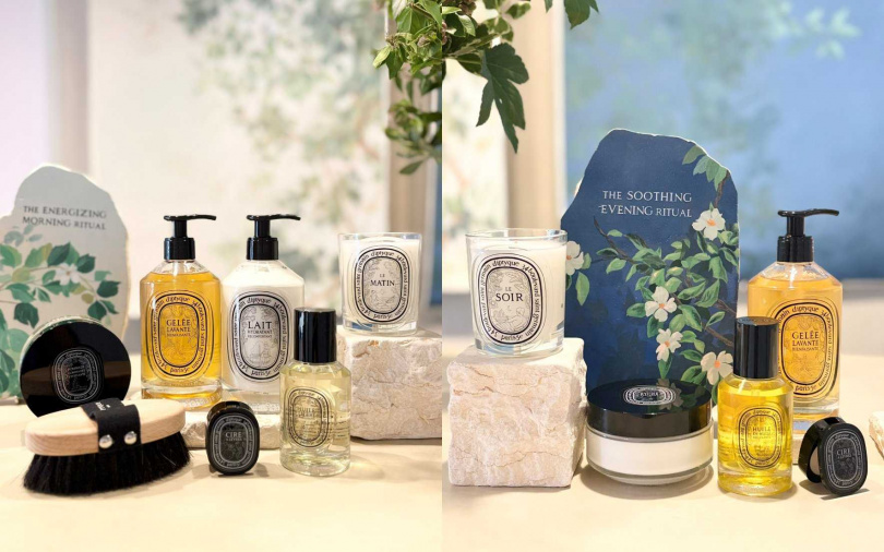 Diptyque護膚之藝系列依循早晨與夜間的不同肌膚需求&香氛喜好，推出可分別對應晨間、夜晚的洗沐品項。（圖／吳雅鈴攝）