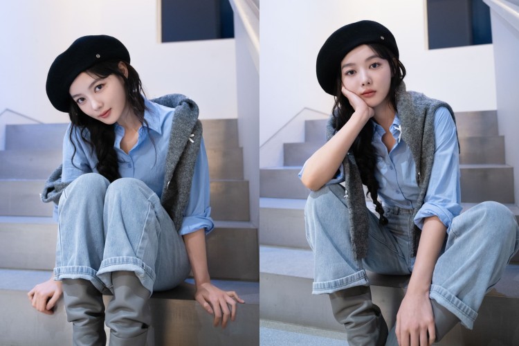 金裕貞以淡藍襯衫搭配淺色牛仔寬褲，演繹早秋最經典的「法式休閒感」。