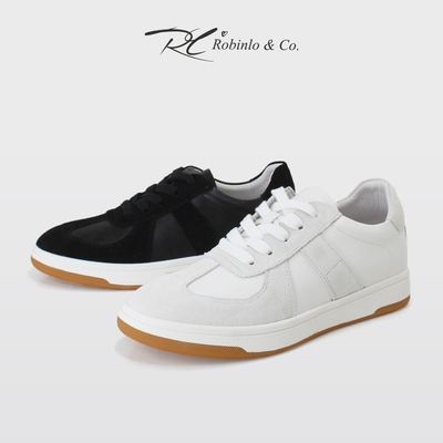 ROBINLO真皮綁帶復古軍風德訓鞋休閒鞋 經典黑/石灰白