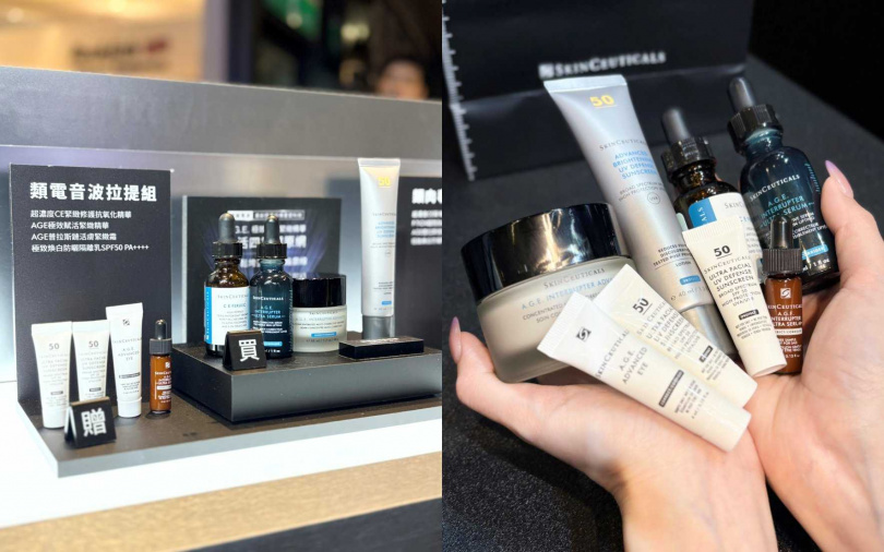 針對抗老的這組「電音波拉提組」可說是最強主打！裡面有超濃度CE緊緻修護抗氧化精華、A.G.E.極效賦活緊緻精華、A.G.E.普拉絲鏈活膚緊緻霜跟極致煥白防曬隔離乳，還加贈很多小樣贈品，只要79折18,621元就能入手喔。（圖／吳雅鈴攝）