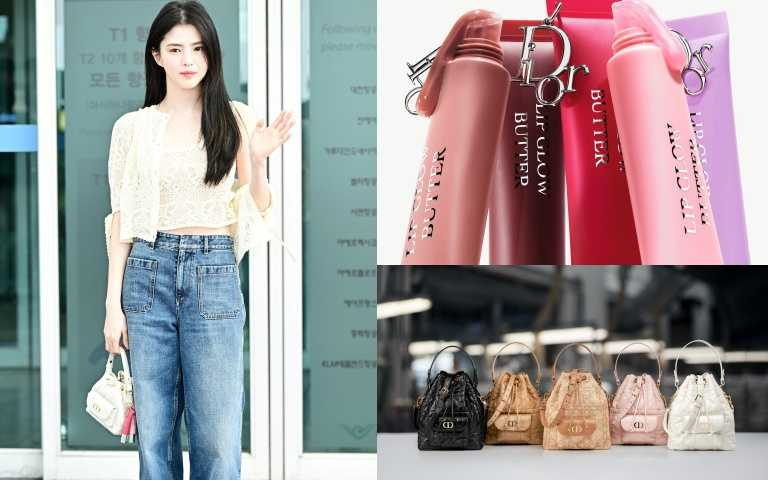 Dior 粉漾果凍唇蜜 10ml / 1,400元；Dior Caro 白色籐格紋小羊皮迷你水桶包/100,000元。（圖／品牌提供）