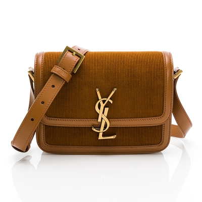 YSL Solferno 金屬LOGO燈芯絨小方包/斜背包 (小款/棕色直紋)