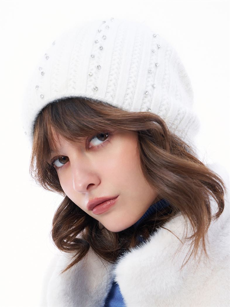 軟綿綿白雪閃鑽兔毛針織毛帽-白