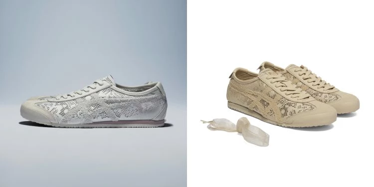 傳統皮革鞋面換成透明緹花網布，鞋面以細緻蕾絲與立體織紋打造，並融入佩斯利花紋圖案，整體視覺更輕盈透氣。即使材質改變，品牌經典的虎爪線條依然保留，只是以不同織紋層次呈現，低調地浮現在鞋面之上。