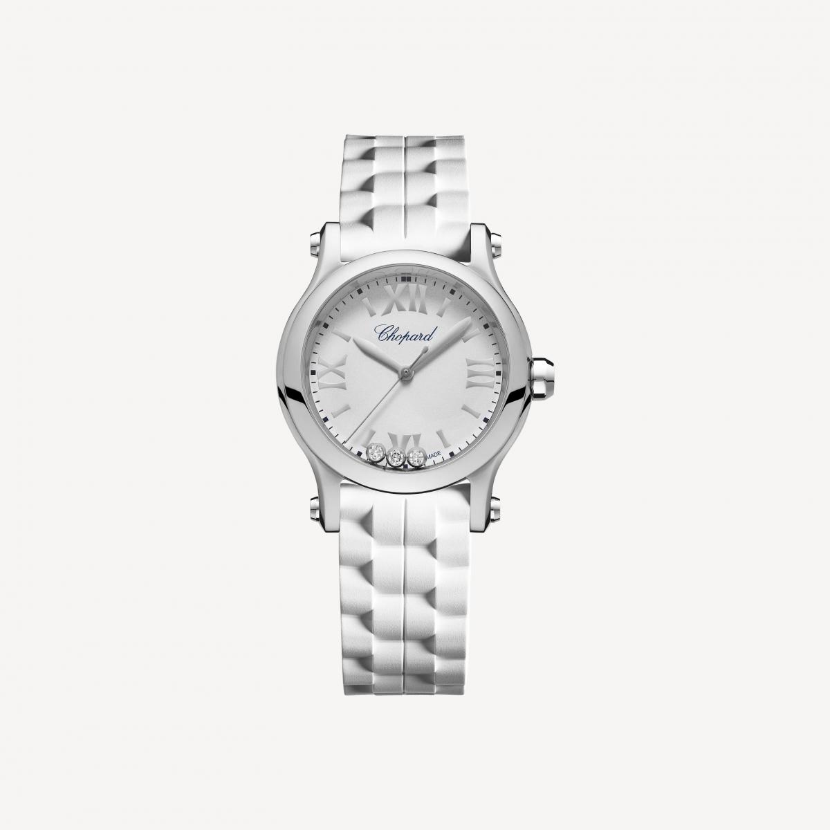 Happy Sport 是名錶世界中少見的「快樂擔當」。三顆滑動鑽石在錶盤之間自由舞動，打破了精鋼與鑽石之間的距離感，讓高級製錶多了一份親近與趣味。30毫米錶徑輕巧合腕，羅馬數字時標清晰易讀，兼顧實用與風格。其實，名錶不必總是嚴肅，它也可以成為日常生活裡的一點光。作為人生第一只名錶，若能在每一次低頭看時間時，讓心情微微亮起，那就已經非常值得。