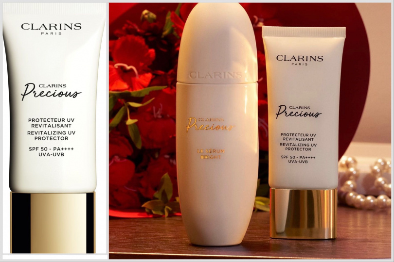 左：CLARINS克蘭詩至臻凝時防護隔離霜不止於防曬，更是日間抗老的優雅延伸，宛如全效防護屏障，守護肌膚於光之中依然細緻無瑕。CLARINS克蘭詩 至臻凝時防護隔離SPF50/PA++++30ml / 4,800元。（右CLARINS月神花光燦精華由內而外綻放澄澈奢光，打造宛若水晶般的光燦透亮（圖／品牌提供）