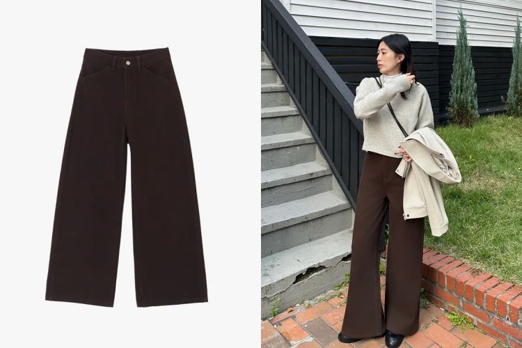來自Nuhi made的這款棕色寬褲，以極簡輪廓詮釋日常穿搭的留白美學。高腰設定搭配俐落寬直筒剪裁，線條自然向下延伸，讓比例看起來乾淨修長。