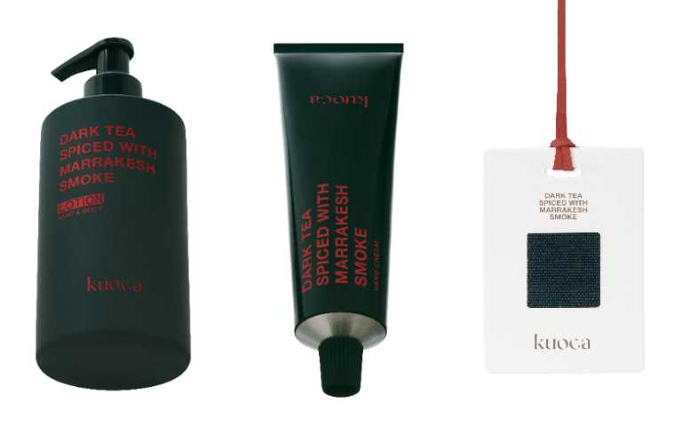 kuoca 黑茶護手霜 50ml／820元、潔膚露 300ml／1,200元、潤膚乳 300ml／1,400元、香氛片／660元（圖／品牌提供）