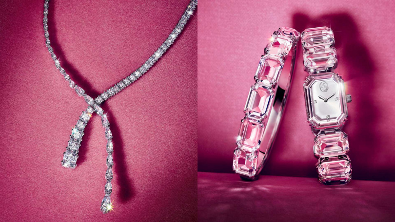 Swarovski Matrix Y形項鏈／18,000元，Millenia手錶／16,000元，Millenia 手鐲／9,500元（圖／品牌提供）