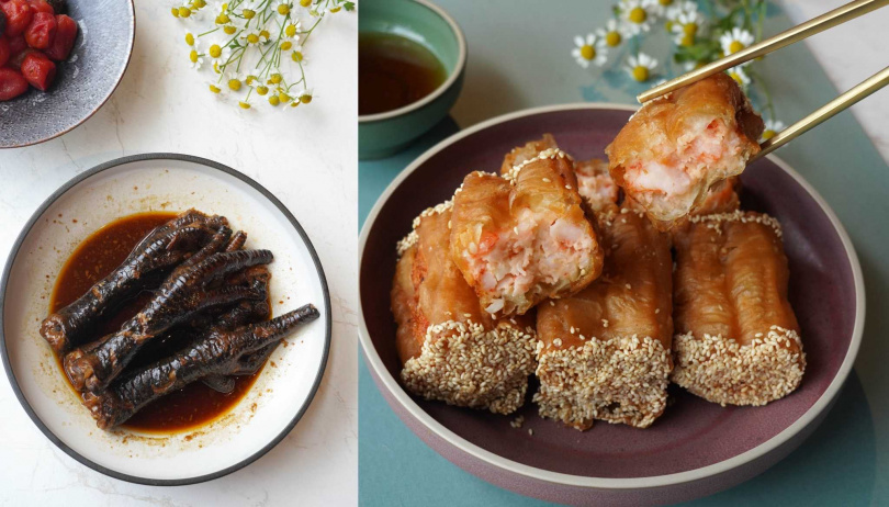 「老滷麻辣蒸鳳爪」（左，155元／2支）僅選用15公分長、4兩重的土雞鳳爪，「百花釀油條」可沾取以紹興酒、五賢醋、醬油、糖、乾辣椒製成的醬汁提味。（590元，圖／魏妤靜攝）