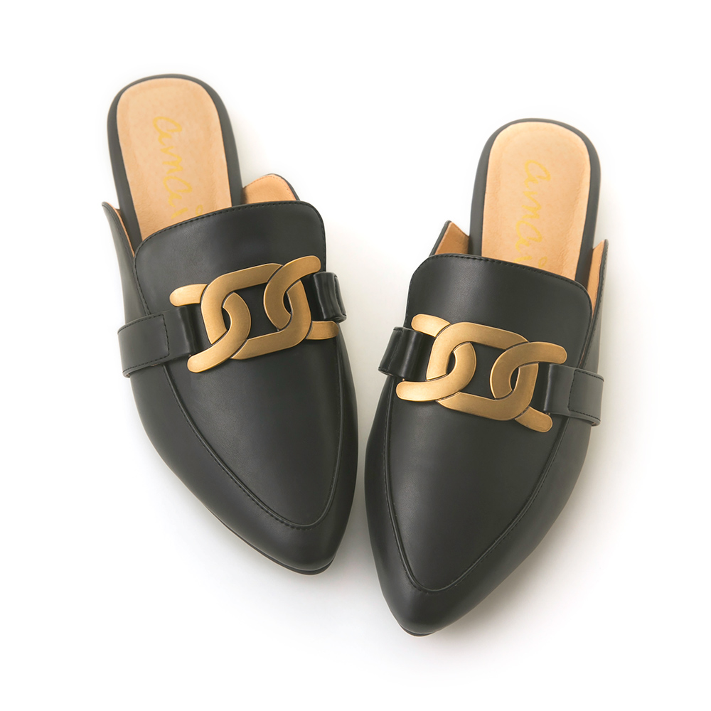 復古金屬鍊條尖頭低跟穆勒鞋 黑 SP111-9BK