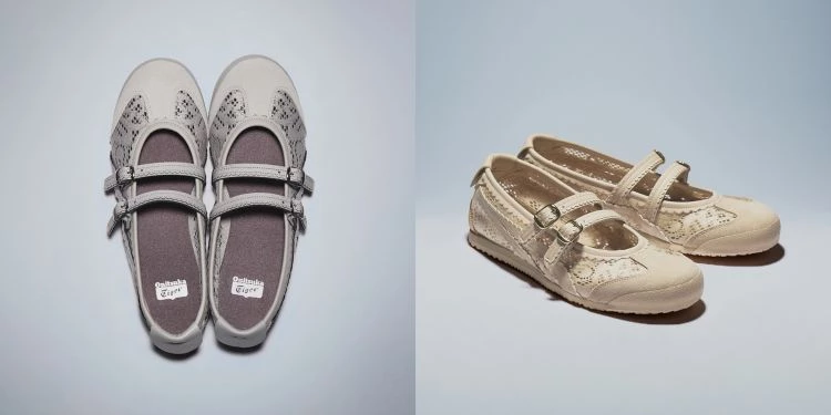 除了經典球鞋版本，系列也推出帶有芭蕾風格的瑪莉珍鞋型。這款設計以Mexico 66為基礎，加入雙繫帶瑪莉珍結構，讓鞋型更貼合腳背，也多了一點復古優雅氣質。整體輪廓介於芭蕾舞鞋與運動鞋之間，既保留薄底球鞋的休閒感，又帶有Balletcore的柔美氛圍。