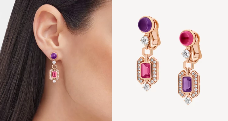 此對「Allegra」耳墜，大膽融合Bvlgari對於色彩的敏銳度，以玫瑰金材質為底鑲，交錯運用不同形狀的彩色寶石，展現豐富且充滿喜悅和活力，並以標誌性的密鑲鑽石手法帶來璀璨光芒。寶石的切割、形狀、色彩和火光相互襯托，十分符合現代女性對於靈活搭配的需求。（商品價格店洽）