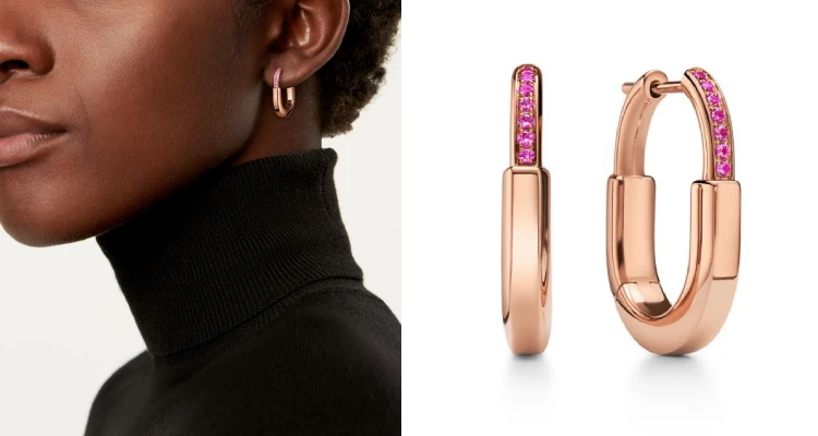 Tiffany「Lock」寓意靈感橫跨一世紀，從1883年古典珍藏庫的掛鎖演化至今，提煉成極致簡約的設計符碼。不同於傳統珠寶的繁瑣，它用流暢的開合曲線與玫瑰金底座，襯托出粉色藍寶石的靈動。這對耳環不僅具備品牌的高辨識度，更有一種「剛柔並濟」的美感，代表著保護，也代表著自由，是獻給現代媽咪們最迷人的品味宣言。（商品價格約：NTD 204,000）