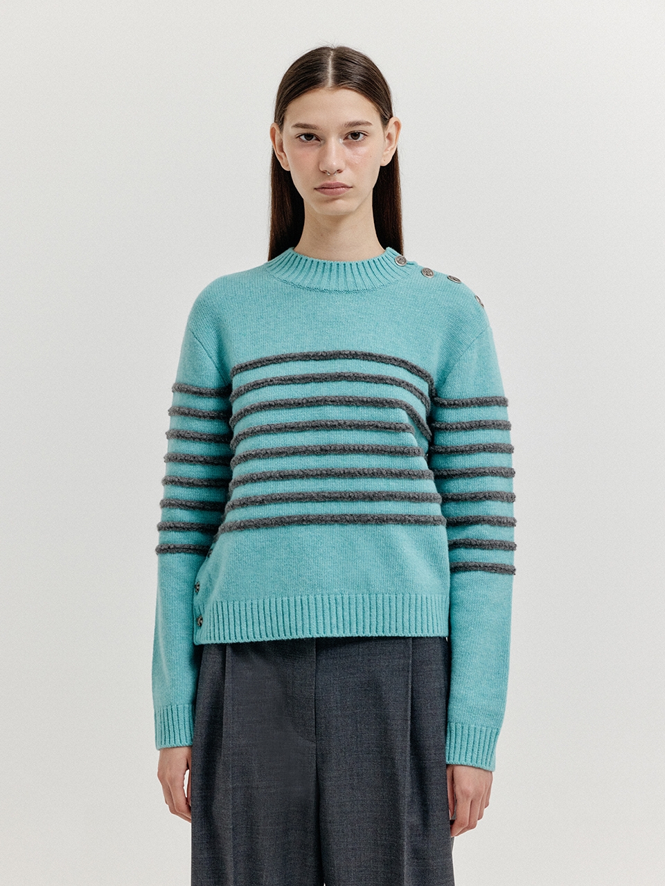 EENK Stripe 4 Buttons Knit Top_Blue Grey