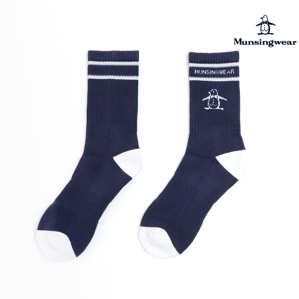 【MUNSINGWEAR 企鵝】男款深藍色LOGO印花撞色彈力運動襪 MGRL0201