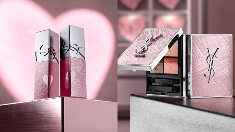 YSL 奢華印記鎖心光唇釉 #445 輕粉呼喊／1,650元、奢華印記鎖心光唇釉 #610 冰裸烏龍／1,650元、時尚4色眼影盤 限量新色 #826 光影誘惑／3,100元（圖／品牌提供）