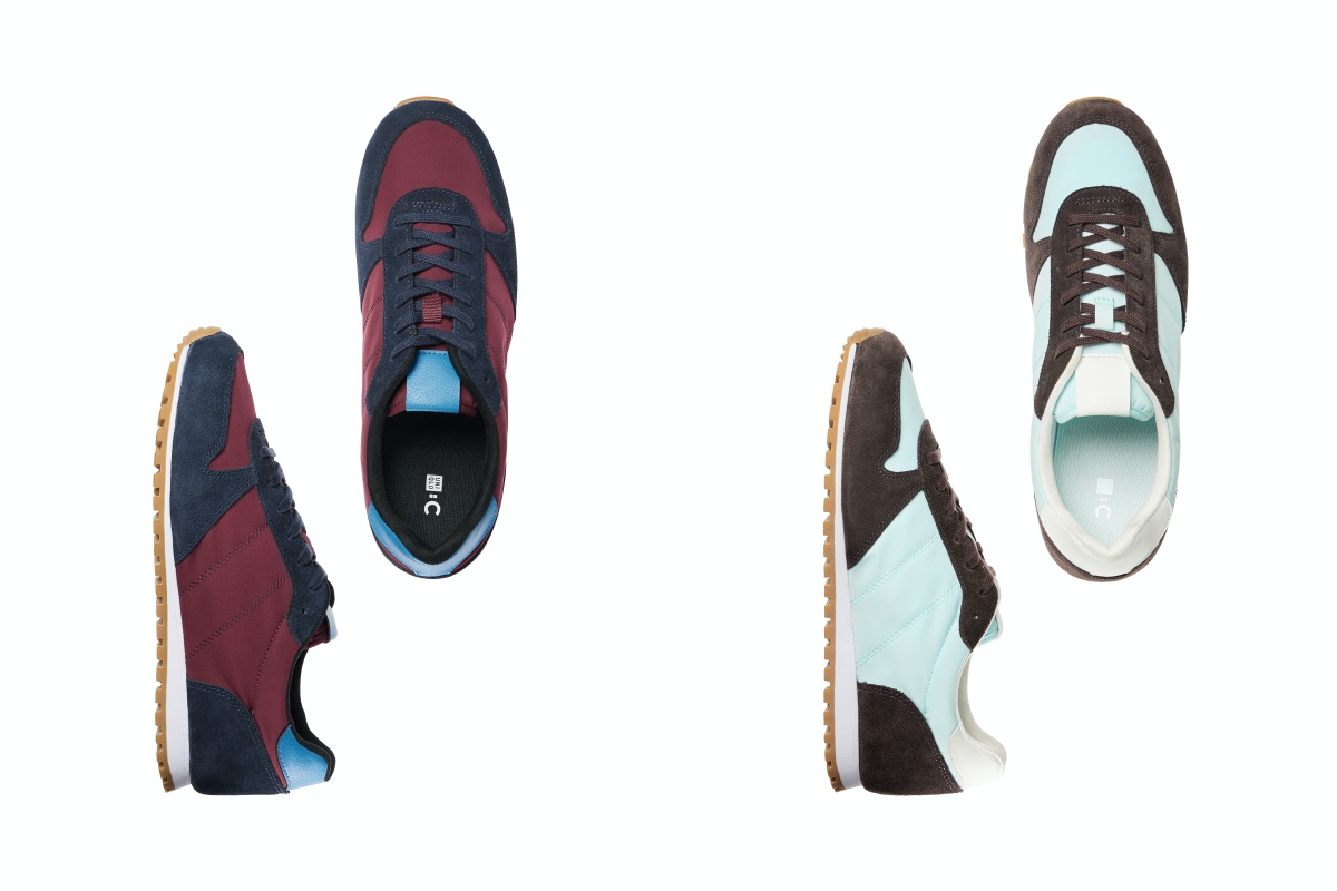 這雙「拼接休閒鞋」是我們本次最推薦的單品。先從設計來看，品牌運用勃根地紅搭配深藍、奶茶色搭配灰色，以及水藍色拼接深咖啡三種撞色組合，讓整體設計呈現內斂且優雅的氣質。
