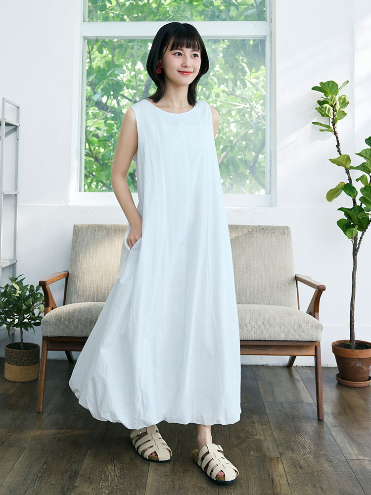 圓領蓬蓬氣球裙襬無袖長洋裝