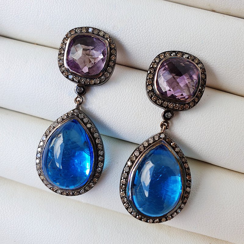 真銀耳環，奢華設計，藍色托帕石，紫水晶，真鑽石