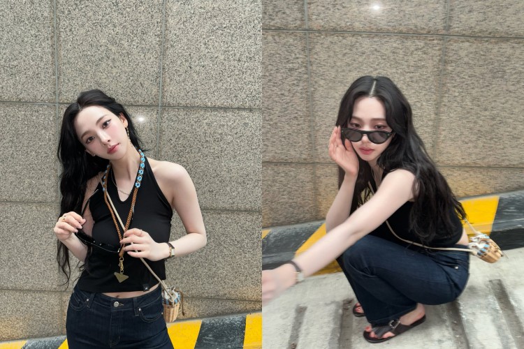 簡約的黑色合身背心搭配深色牛仔褲，打造乾淨俐落的線條比例，同時勾勒纖細身形。