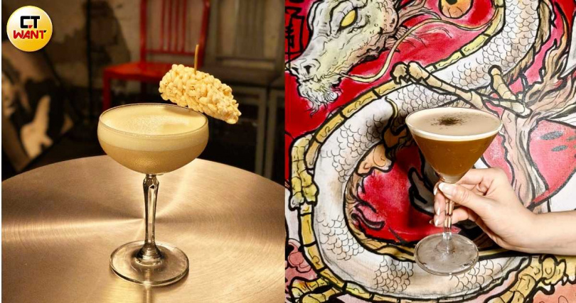 「熱帶豆米奶」（左，350元）的花生香氣撲鼻而來，入口則有蜜豆奶的香甜；「岸島觀音」具有柑橘酸香與優雅的鐵觀音香氣。（380元，圖／魏妤靜攝）