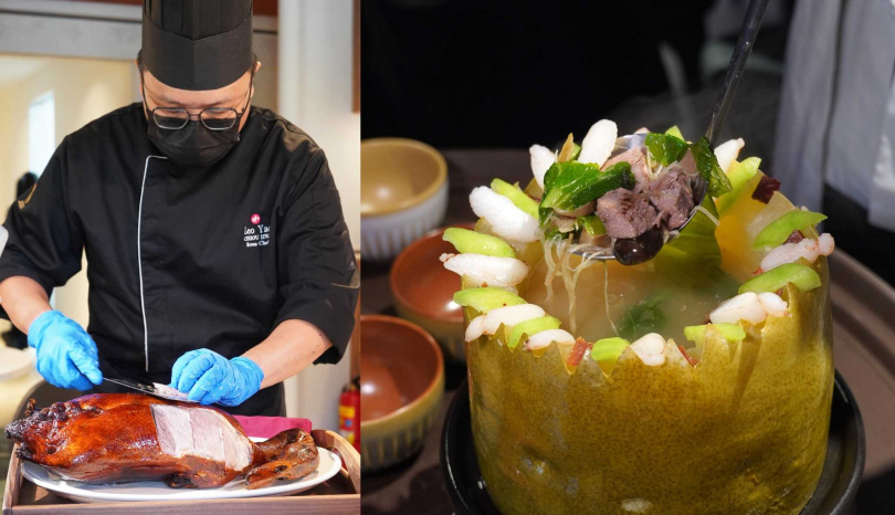 點「華泰招牌片皮鴨」可見師傅在桌邊片鴨的精準刀工（左），一鴨二吃3,280元、一鴨三吃3,580元，加價580元可品嘗季節限定的「八寶冬瓜盅」。（圖／魏妤靜攝）