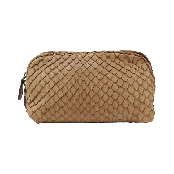 【二手名牌BRAND OFF】BOTTEGA VENETA BV 寶緹嘉 卡其色 蛇皮 手拿包 化妝包