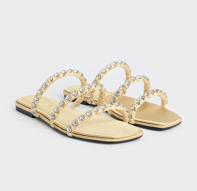 CHARLES & KEITH Goldie 水鑽帶平底拖鞋 - 黃色