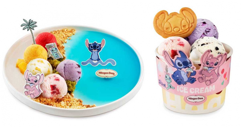 「史迪奇趣衝浪」冰淇淋盤餐（左，385元）「哈根達斯X史迪奇限定聖代」。（335元，圖／哈根達斯提供）