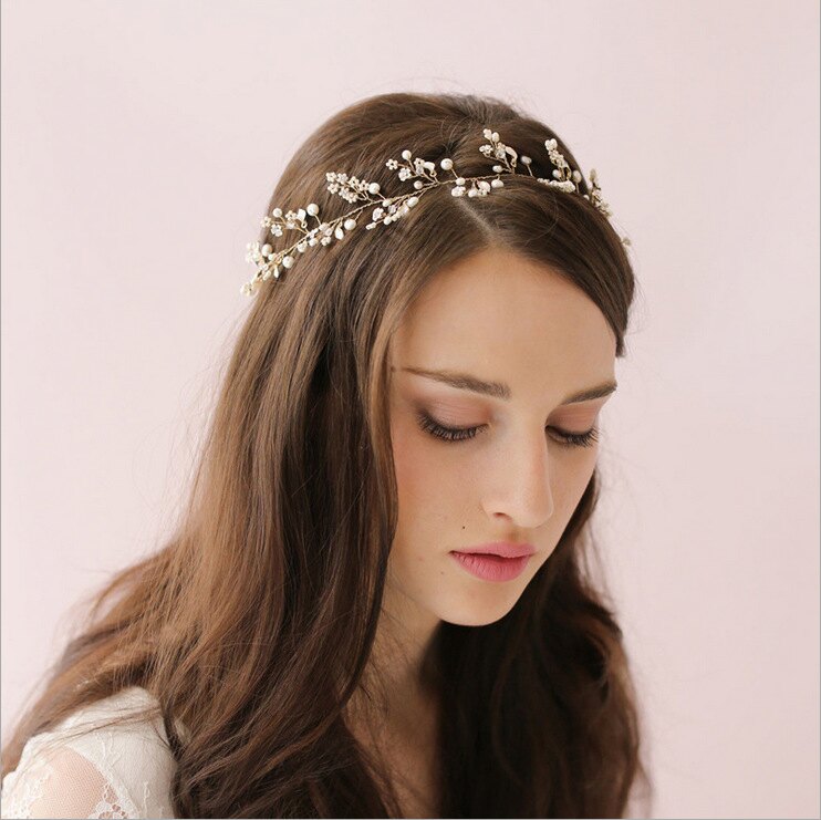 新娘飾品公主盤發頭飾葉子珍珠發帶發鏈飾品禮服配飾結婚寫真發箍1入